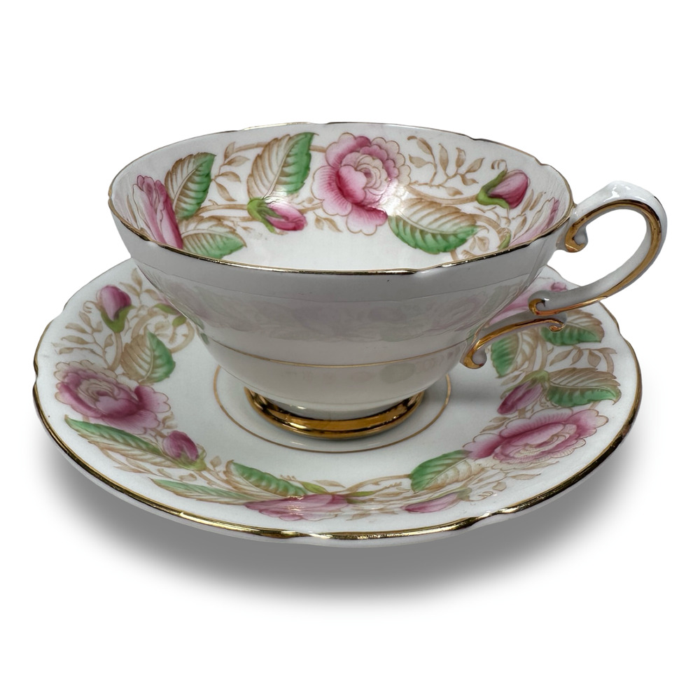 Vintage Stanley Teacup & Saucer White Rosalind Gold Trim Fine Bone China England